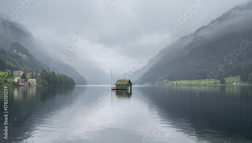 Wallpaper Mural Foggy lake scene featuring a small green cottage, highlighting seasonal tranquility Torontodigital.ca
