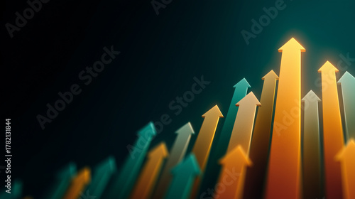 Bright arrows rise upward, symbolizing success, progress, and economic growth against a dark background.
