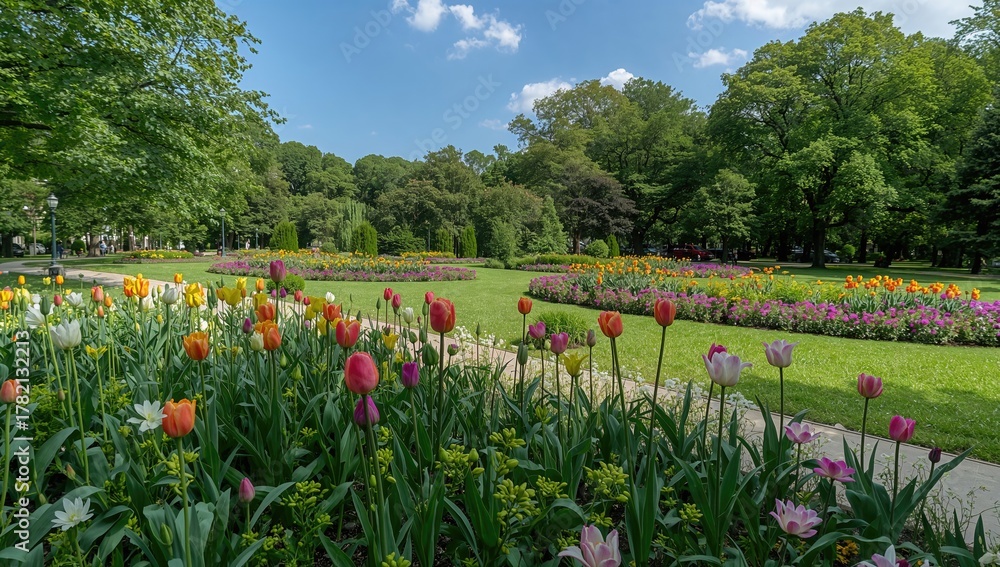 Obraz premium Large flowerbeds featuring newly planted young flowers in a park, promoting urban greenery and biodiversity