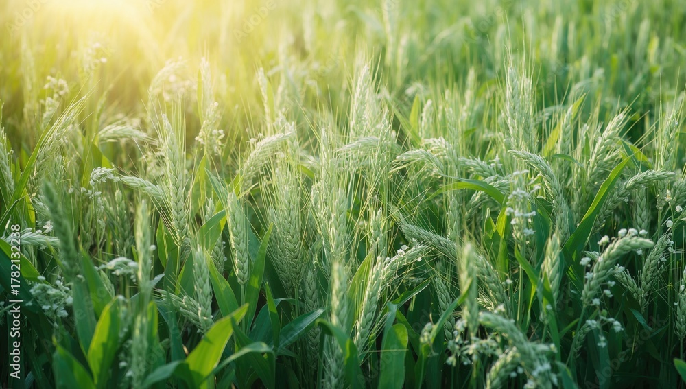 Obraz premium Seasonal fresh green grains in a field during early warm months, showcasing nature's beauty with leaves and agriculture