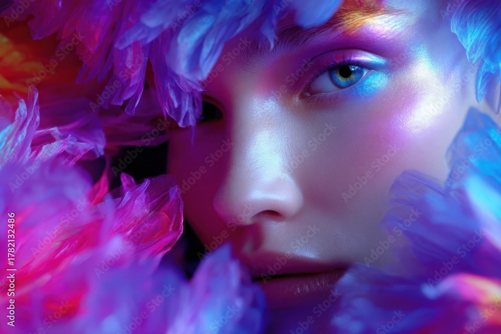 Fototapeta premium Beauty portrait of a model surrounded by vibrant flowers in a colorful artistic composition