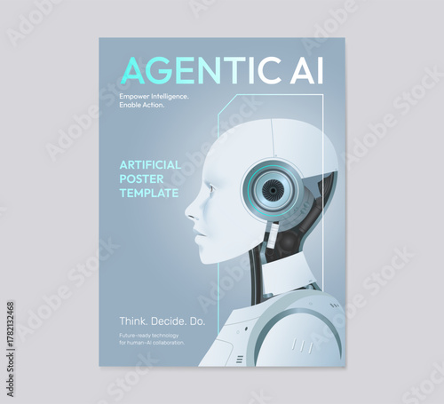 Ai Humanoid Poster brochure cover banner presentation layout template, Technology digital futuristic, Artificial intelligence technology business poster in grey. Clean design poster template.
