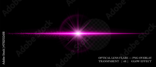 Horizontal optical lens flare with glowing dust and luminous beam. Great for cinematic overlays, highlight accents, and futuristic design compositions.