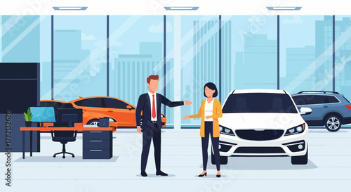 A car salesman in a suit gestures towards a white SUV while speaking with a woman in a yellow cardigan inside a modern dealership with large windows and other vehicles