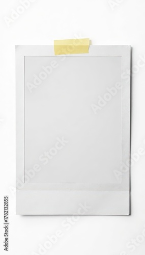 Blank white polaroid frame, isolated on white background, secured with tape , background, frame, photography