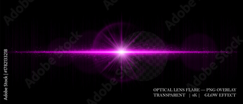 Optical horizontal lens flare with soft reflections, glowing orbs, and radiant beam. Great for digital overlays, photo lighting, and sci-fi design projects.