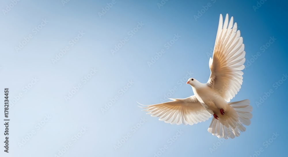 Fototapeta premium Graceful white dove soaring majestically through a clear blue sky, symbolizing peace, freedom, and hope with stunning wing detail.