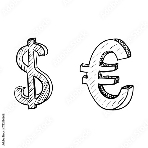 Hand-drawn sketch illustration of dollar and euro currency symbols in a doodle style. Financial concept art