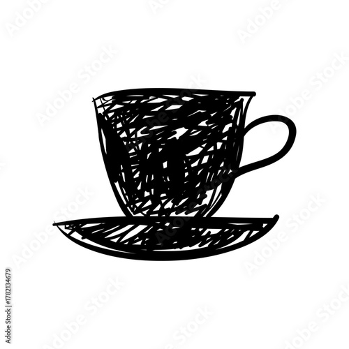 Creative hand-drawn scribble illustration of a simple tea or coffee cup on a saucer