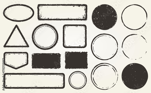 Retro Grunge postage Stamps frames vector shape set. Black postal round and square empty stamp border pack. Blank post Stamp template grunge ink rubber labels collection. Vector image isolated