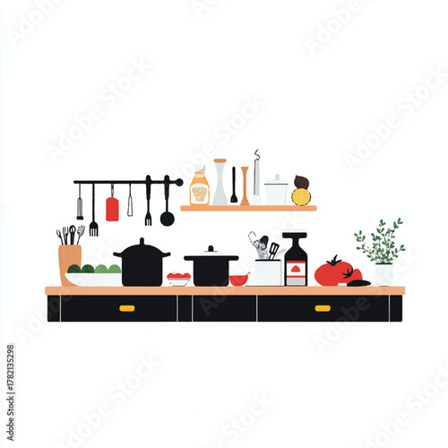 Modern Kitchen Counter with Cooking Utensils and Fresh Ingredients.