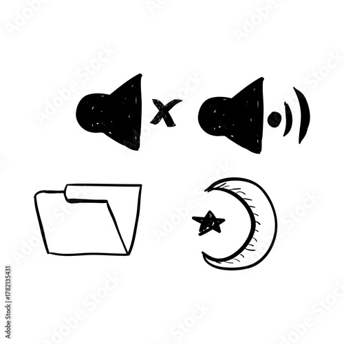 Vector illustration of audio controls and folder icon with a crescent moon symbol