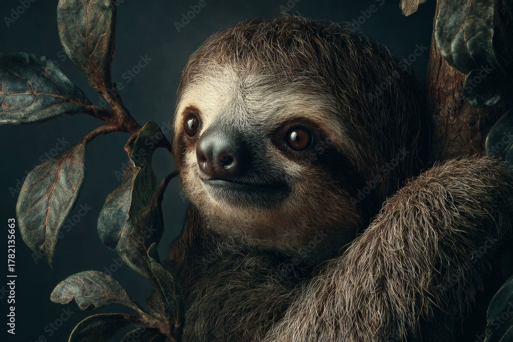 Naklejka premium sloth in its natural habitat, watching from a high branch