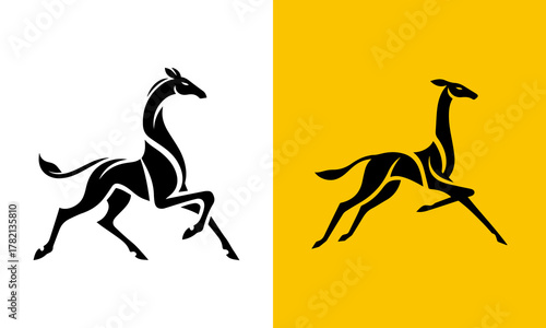 Stylized silhouette of a running giraffe in black and white and yellow backgrounds
