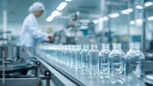 Pharmaceutical Manufacturing: Automated Production Line Filling Clear Glass Bottles in a Sterile Environment