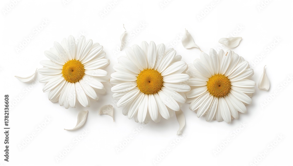 Fototapeta premium Chamomile flowers arranged on a white background, suitable for package design and layout