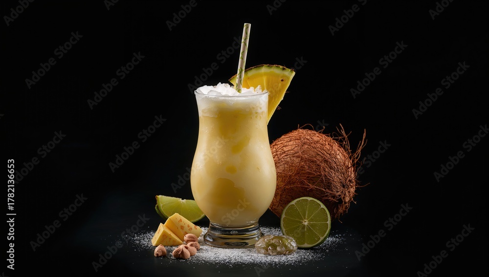 Fototapeta premium Cocktail featuring a pina colada on a dark background, a refreshing indulgence