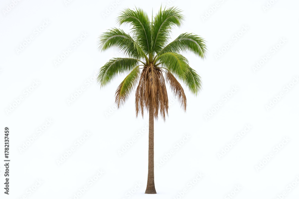 Obraz premium Isolated Palm Tree with Green Fronds and Brown Trunk on a White Background