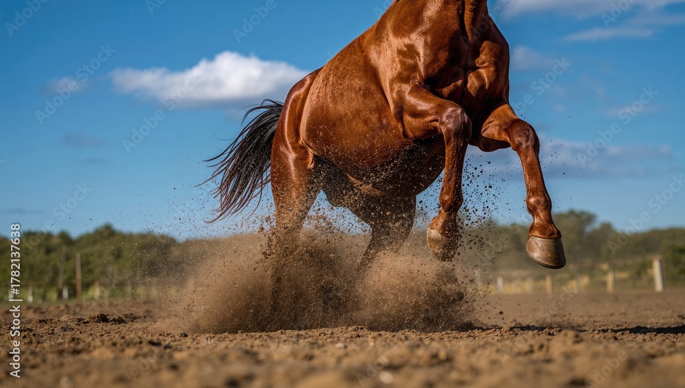 Obraz premium A horse in motion kicking up dirt and sand, dynamic action scene with ample space for text