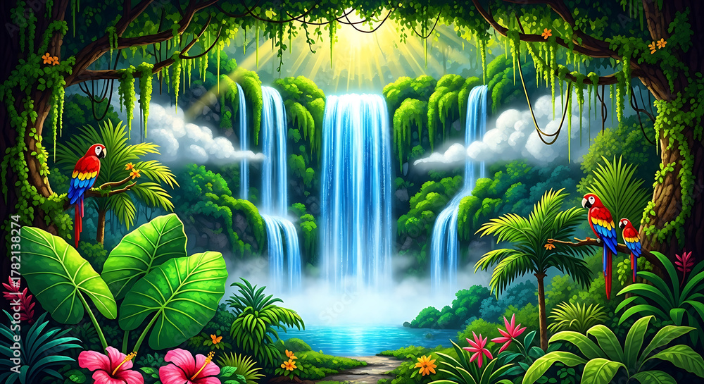 Obraz premium Mosaic Tropical Waterfall Jungle Paradise Landscape