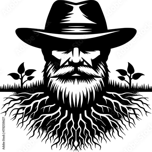 Cultivator's Core: An illustration of a man with a large beard, roots, a hat, and small plants that reflect the essence of a visionary and leader