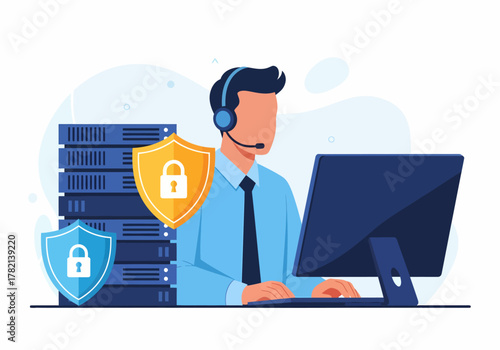 A male IT professional, wearing a headset and tie, works at a computer in an office setting with servers and two security shields featuring padlock icons, symbolizing data protection