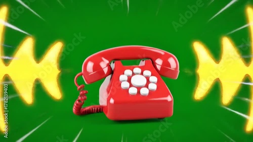 Red vintage rotary phone with sound waves on vibrant green background.