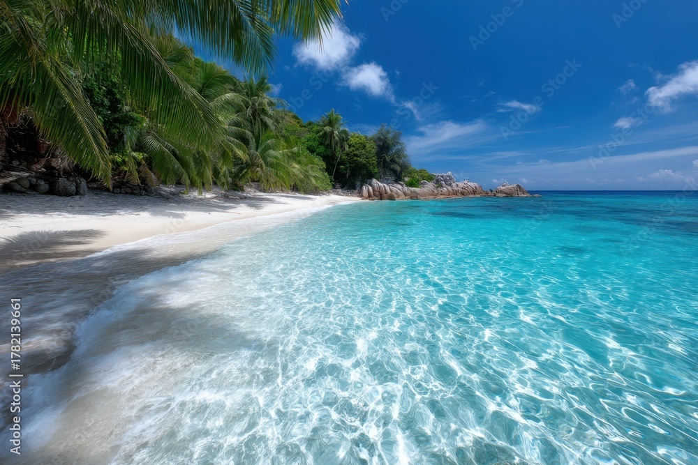 Naklejka premium Tropical beach with clear turquoise water and palm trees under a