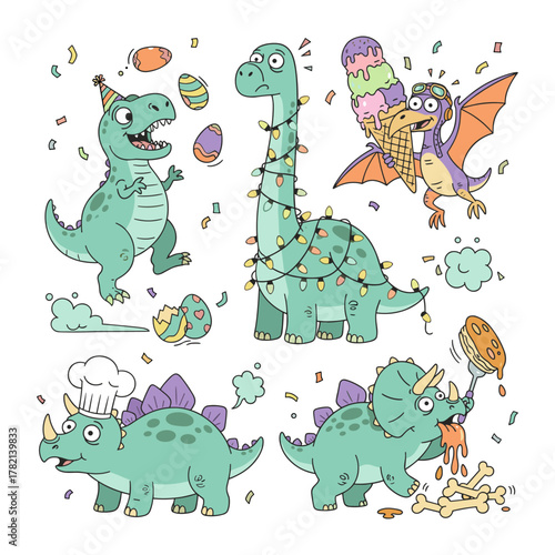 Cartoon dinosaurs celebrating party with food and festive decorations