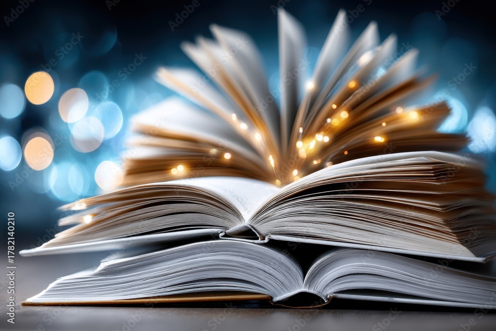 Fototapeta premium Books spread open with glowing lights creating a magical atmosphere in a cozy setting