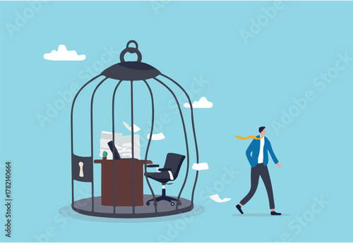 Break free, quit exhausted day job to start new business, escape for freedom, resign from toxic workplace or retirement concept, confidence businessman break free from toxic working desk bird cage.