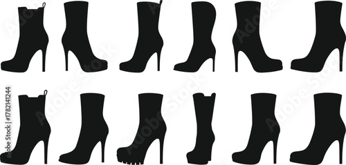 High heel ankle boots, black silhouette icons, fashion footwear collection, stylish shoe designs, vector illustration, isolated on white background