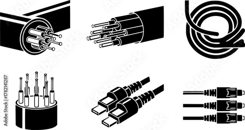 Fiber cable isolated black set icon. Vector illustration