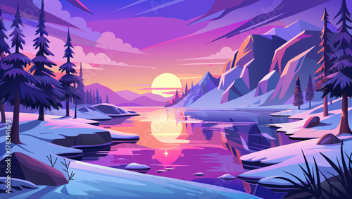 Very beautiful sunrise with purple tones over a winter lakeshore, featuring icy water, soft reflections, snow-covered shore, and a serene realistic winter landscape.