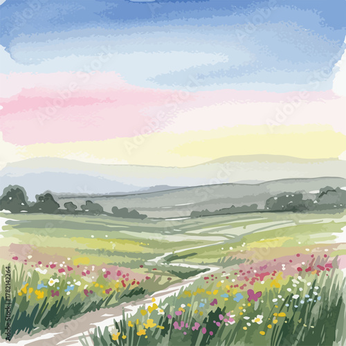 Watercolor Landscape Vector Illustration with Rolling Hills Flowers and Pastel Sky in Soft Artistic Style