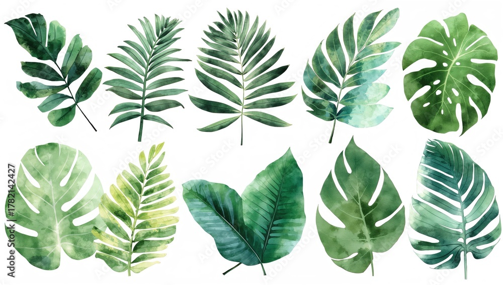 Naklejka premium Collection of tropical foliage, vibrant watercolor illustration for botanical design