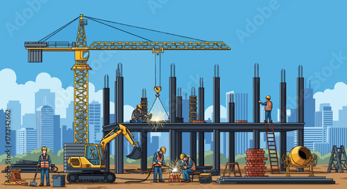 Vector illustration of construction site with crane, workers, and building structure. Concept of infrastructure and development.