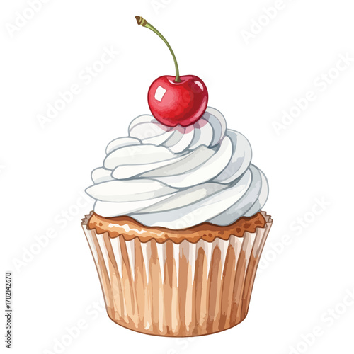 Vector Illustration of Cupcake with Whipped Cream and Cherry in Modern Realistic Style