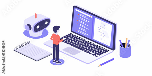 Isometric illustration of a person interacting with a laptop and a friendly robot assistant for digital tasks