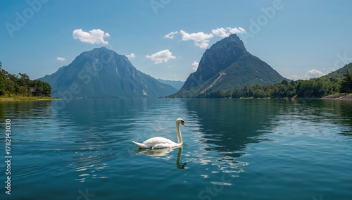 Fototapeta Naklejka Na Ścianę i Meble -  A swan glides across a tranquil lake, surrounded by towering mountains, showcasing the beauty of summer travel and nature.