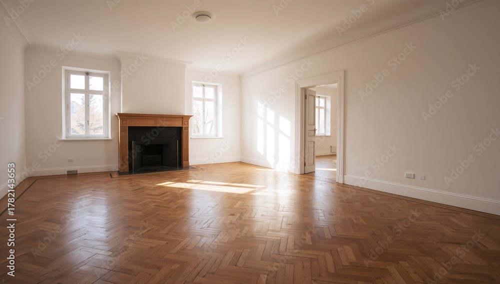 Obraz premium Empty living space featuring a fireplace, wooden flooring, and plain white walls