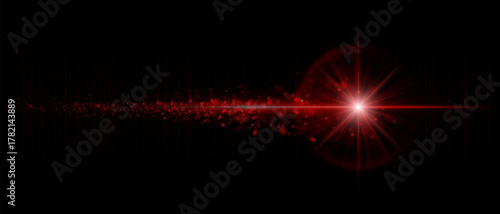 Dynamic optical flare with scattered glowing particles and strong luminous beam. Suitable for cinematic overlays, futuristic lighting, and motion graphics.