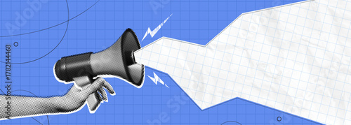 Trendy Halftone Collage Hand with Megaphone and paper cut out space for announcing promotion. Social media communication and adverting. Online news. Contemporary vector illustration art