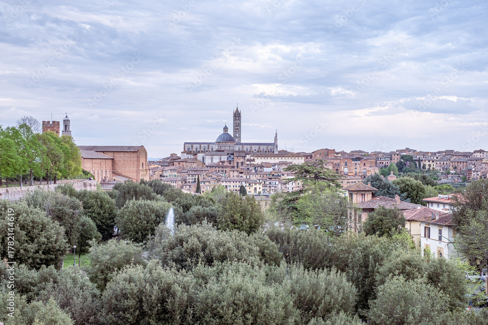 Fototapeta premium Ancient stone cityscape with lush greenery and historical architecture, showcasing a captivating landscape view that invites exploration and travel experiences