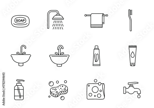 A 3x4 grid of black and white line icons depicting bathroom and hygiene items