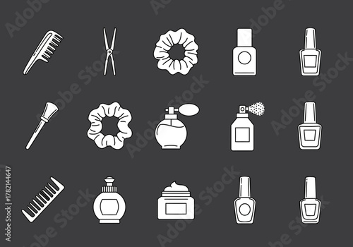 White line icons of beauty and hair accessories on a dark gray background