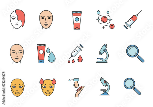 A collection of 15 icons depicting cosmetology and scientific examination tools and procedures