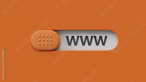WWW website url of three words on slide switch spelling block, minimal background concept for internet connection, magnifier.Business Concept.3D rendering.