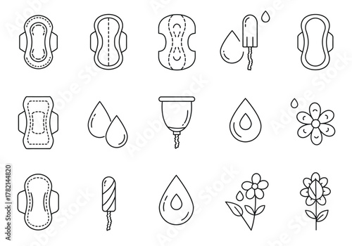A grid of black and white line icons depicting menstrual hygiene products and related symbols