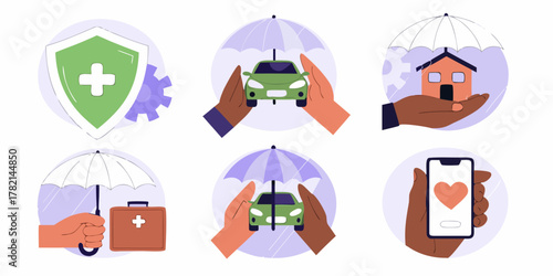 Collection of insurance icons representing health car home and digital protection with hands and umbrellas